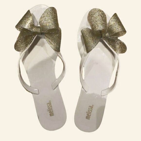 Melissa Harmonic Bow Flip Flops Beige/Gold Glitter Sz 8 - Picture 1 of 11